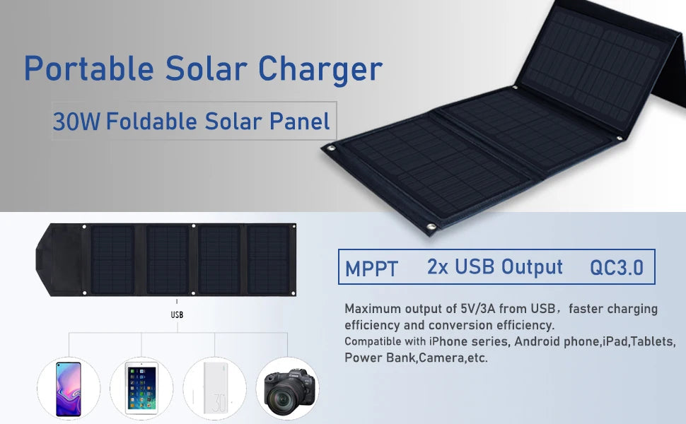 Solar Charger 30W 2 USB Solar Panel Foldable Panel Has 5V/5A Max Rate Portable solar Phone Charger Compatible USB and DC Devices