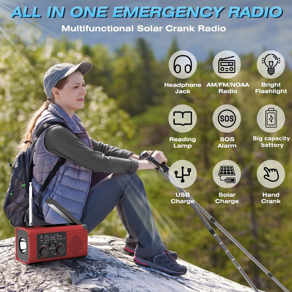 Multifunction Emergency Hand Crank AM/FM/NOAA Portable Survival Radio with 4000mAh Power Bank Solar Phone Charger LED Flashlight