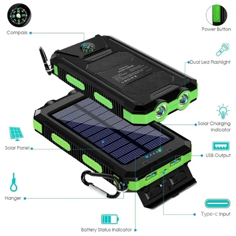 VIVO  200000mAh Waterproof Outdoor Solar Power Bank Dual USB Travel Portable Solar Phone Charger Solar Powerbanks For Camping