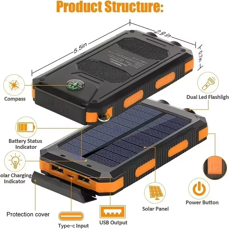 200000mAh Waterproof Outdoor Solar Power Bank Dual USB Travel Portable Solar Phone Charger Solar Powerbanks For Camping