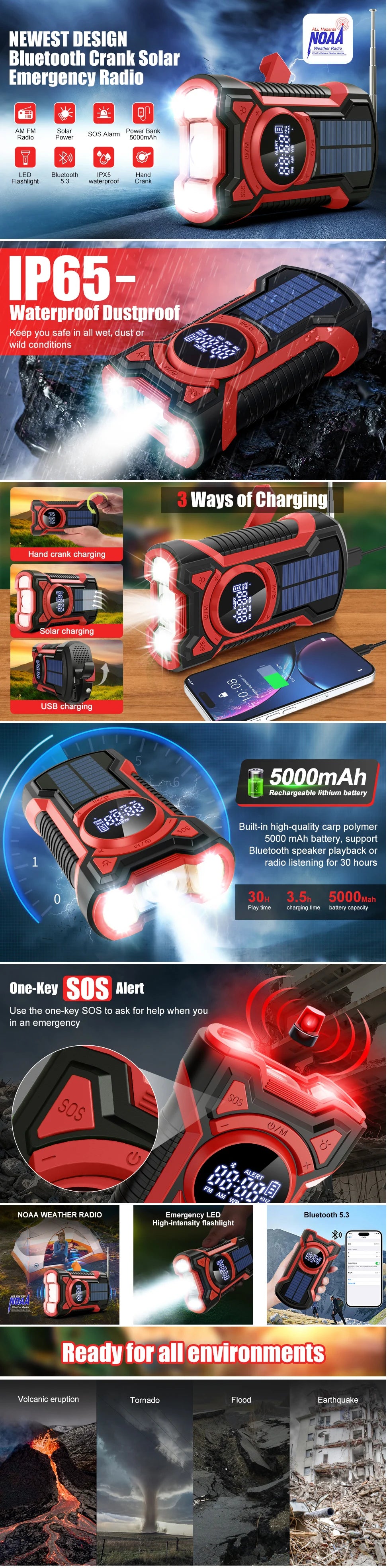Emergency Radio Hand Crank Solar 5000mAh, IP65 Waterproof Dustproof Bluetooth 5.3 Portable AM/FM/NOAA Weather Alert Radio，red