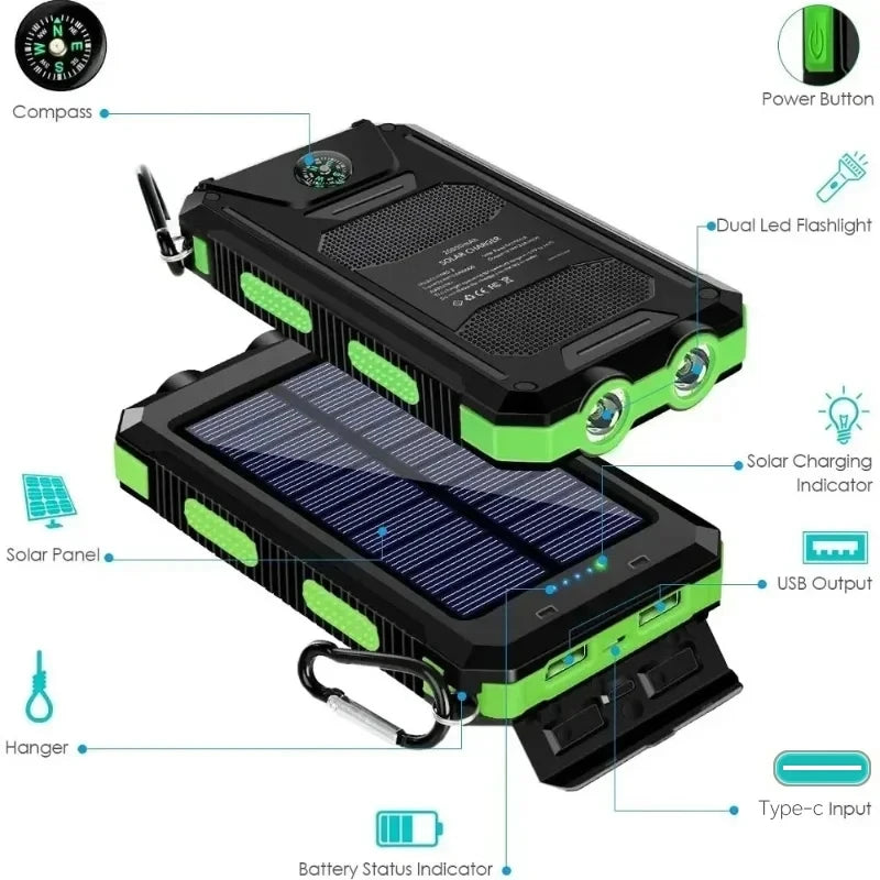 200000mAh Waterproof Outdoor Solar Power Bank Dual USB Travel Portable Solar Phone Charger Solar Powerbanks For Camping