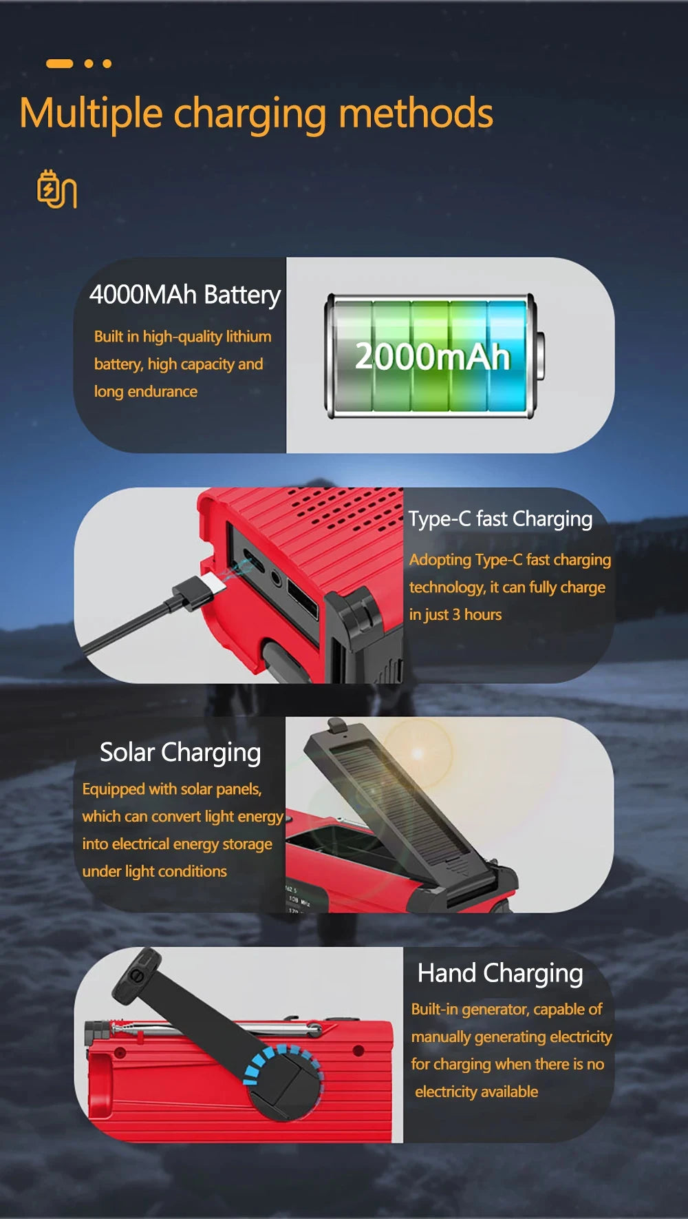 Multifunction Emergency Hand Crank AM/FM/NOAA Portable Survival Radio with 4000mAh Power Bank Solar Phone Charger LED Flashlight